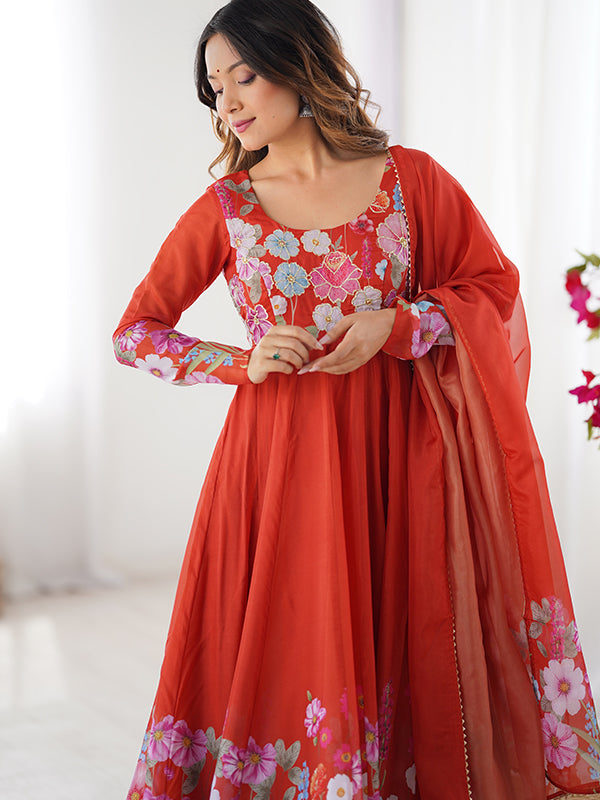 Flower Orange Printed Anarkali Gown With Pant & Dupatta Set