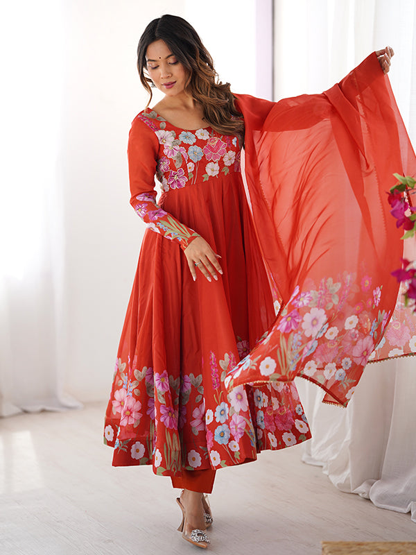 Flower Orange Printed Anarkali Gown With Pant & Dupatta Set