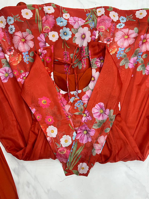 Flower Orange Printed Anarkali Gown With Pant & Dupatta Set