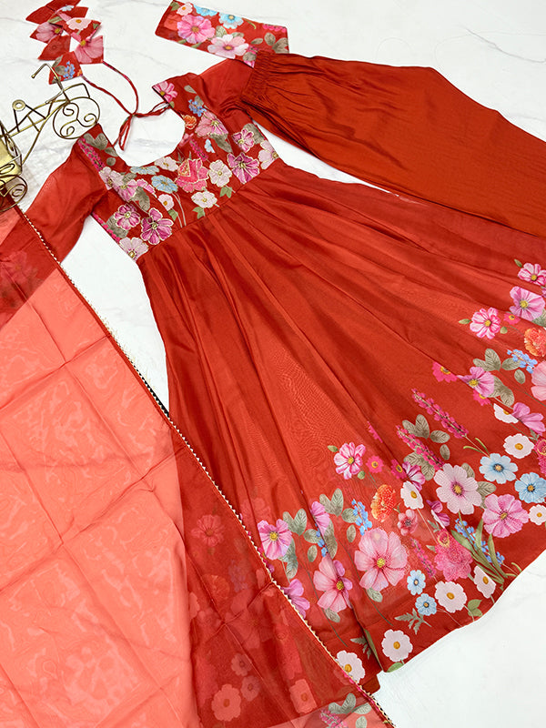 Flower Orange Printed Anarkali Gown With Pant & Dupatta Set