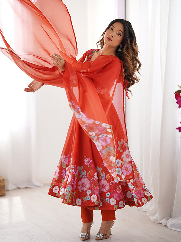 Flower Orange Printed Anarkali Gown With Pant & Dupatta Set