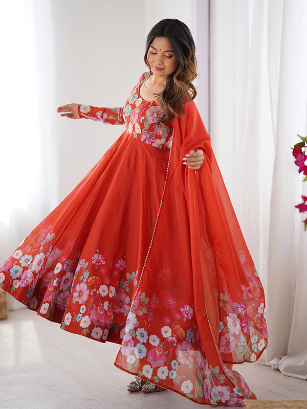 Flower Orange Printed Anarkali Gown With Pant & Dupatta Set