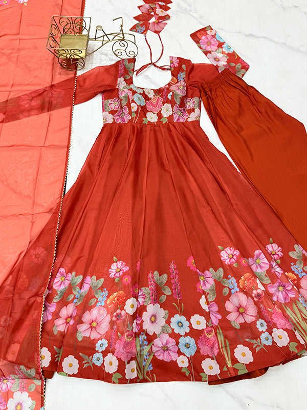 Flower Orange Printed Anarkali Gown With Pant & Dupatta Set