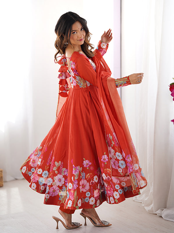 Flower Orange Printed Anarkali Gown With Pant & Dupatta Set