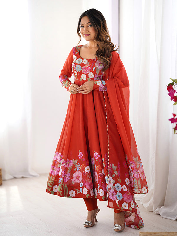 Flower Orange Printed Anarkali Gown With Pant & Dupatta Set