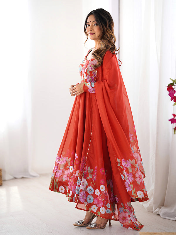 Flower Orange Printed Anarkali Gown With Pant & Dupatta Set