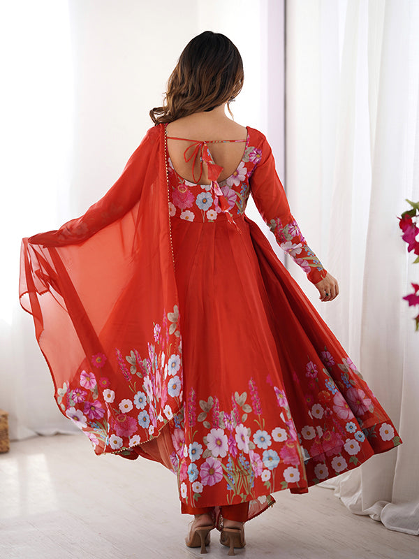 Flower Orange Printed Anarkali Gown With Pant & Dupatta Set