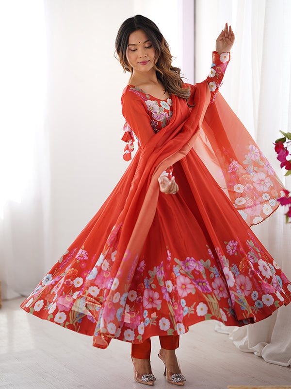 Flower Orange Printed Anarkali Gown With Pant & Dupatta Set