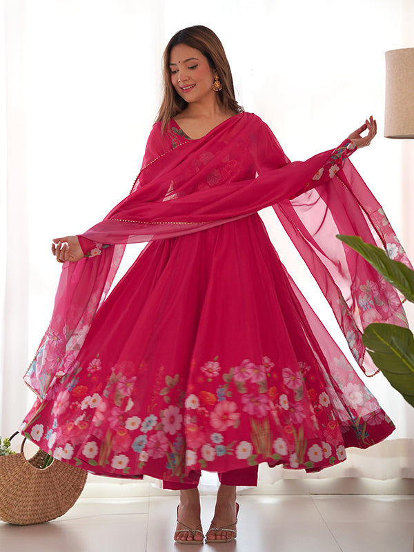 Flower Pink Printed Anarkali Gown With Pant & Dupatta Set