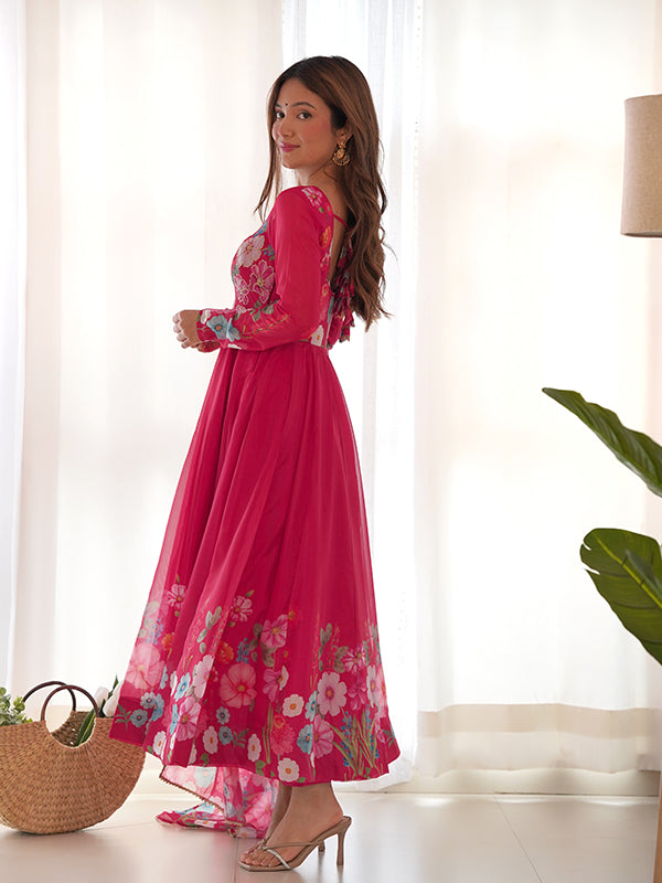 Flower Pink Printed Anarkali Gown With Pant & Dupatta Set