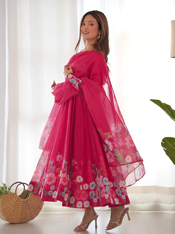 Flower Pink Printed Anarkali Gown With Pant & Dupatta Set