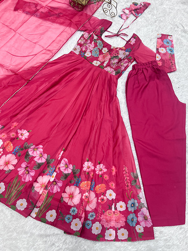 Flower Pink Printed Anarkali Gown With Pant & Dupatta Set