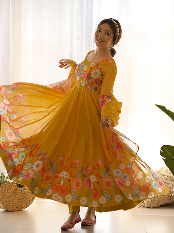 Flower Yellow Printed Anarkali Gown With Pant & Dupatta Set