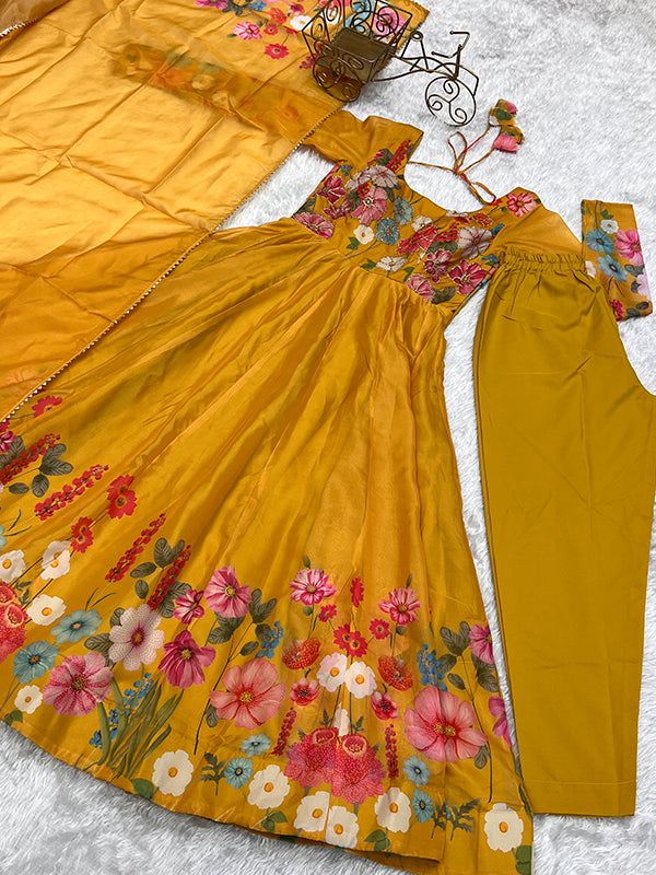 Flower Yellow Printed Anarkali Gown With Pant & Dupatta Set