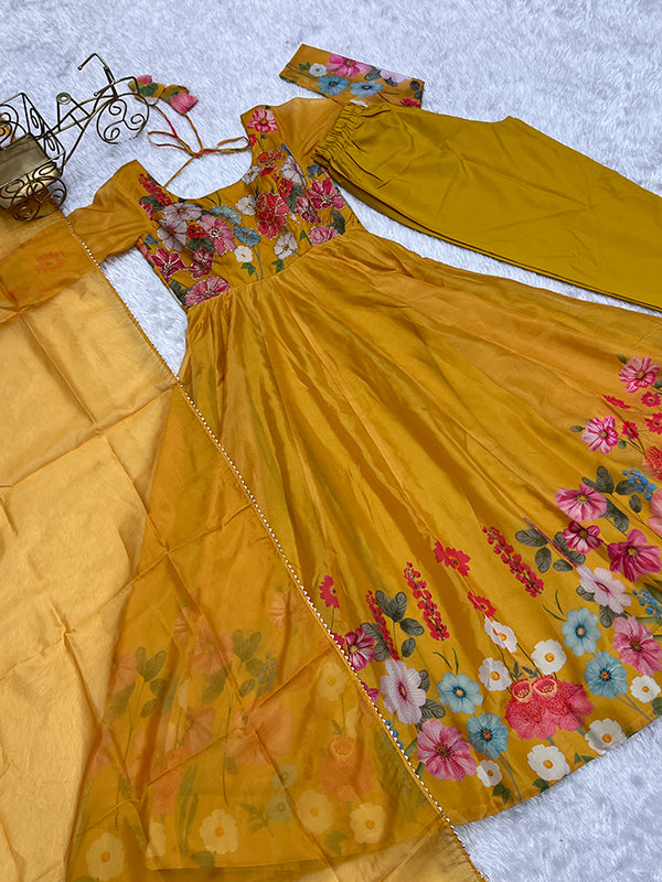 Flower Yellow Printed Anarkali Gown With Pant & Dupatta Set