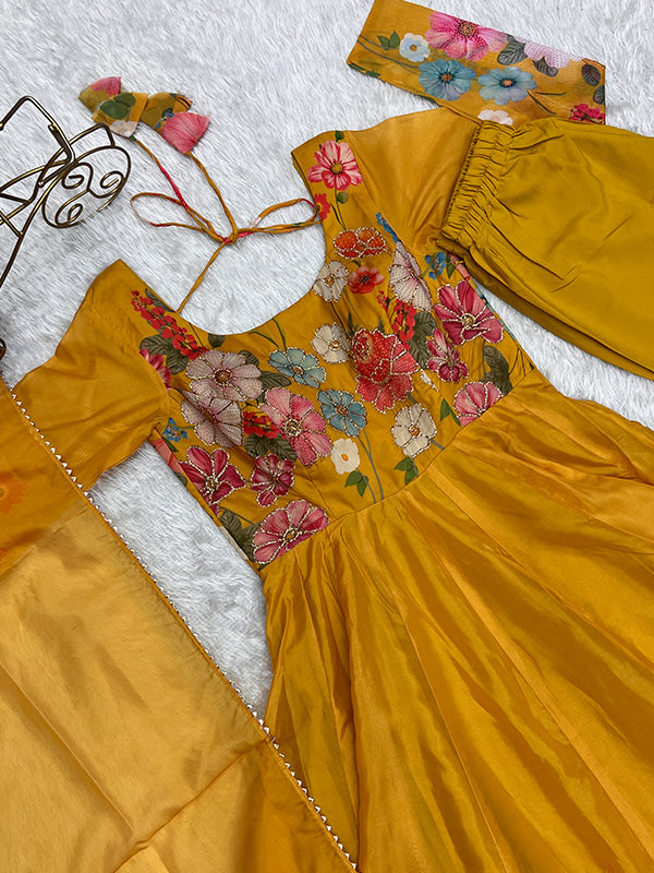 Flower Yellow Printed Anarkali Gown With Pant & Dupatta Set