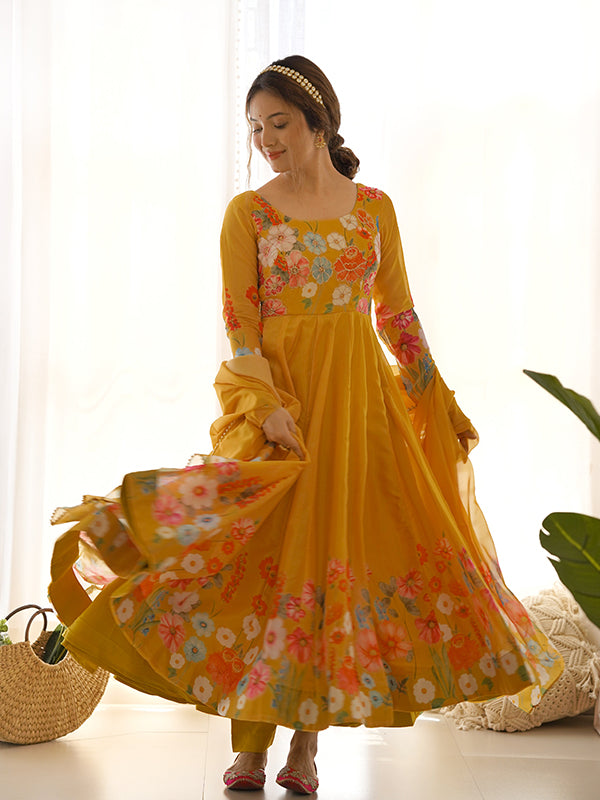 Flower Yellow Printed Anarkali Gown With Pant & Dupatta Set