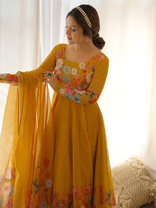 Flower Yellow Printed Anarkali Gown With Pant & Dupatta Set