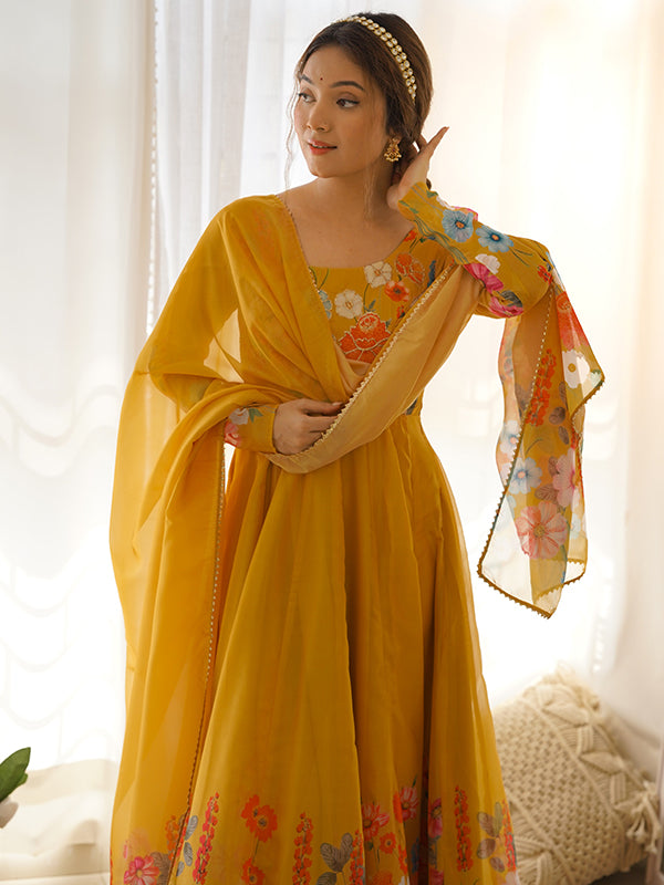 Flower Yellow Printed Anarkali Gown With Pant & Dupatta Set