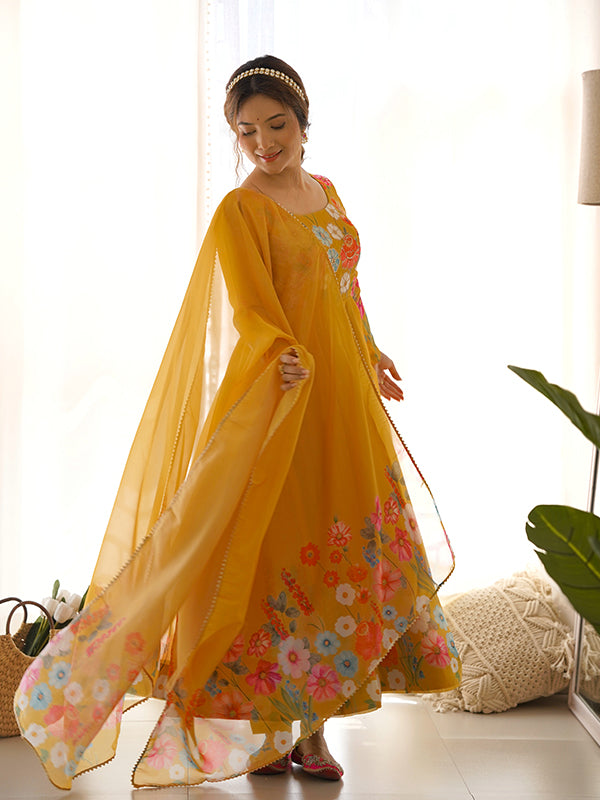 Flower Yellow Printed Anarkali Gown With Pant & Dupatta Set