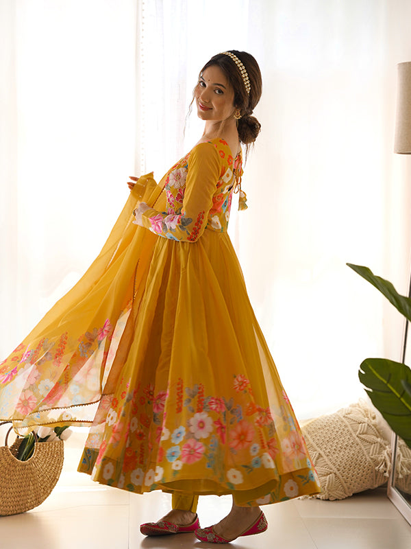 Flower Yellow Printed Anarkali Gown With Pant & Dupatta Set