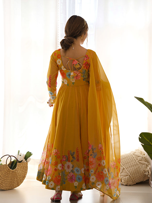 Flower Yellow Printed Anarkali Gown With Pant & Dupatta Set