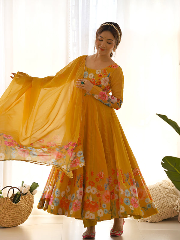 Flower Yellow Printed Anarkali Gown With Pant & Dupatta Set