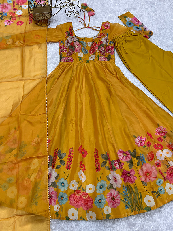 Flower Yellow Printed Anarkali Gown With Pant & Dupatta Set