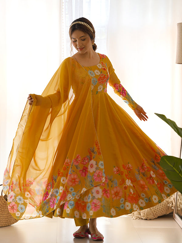 Flower Yellow Printed Anarkali Gown With Pant & Dupatta Set