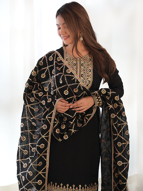 Black Silk Embroidered Straight Kurti With Pant & Dupatta Set