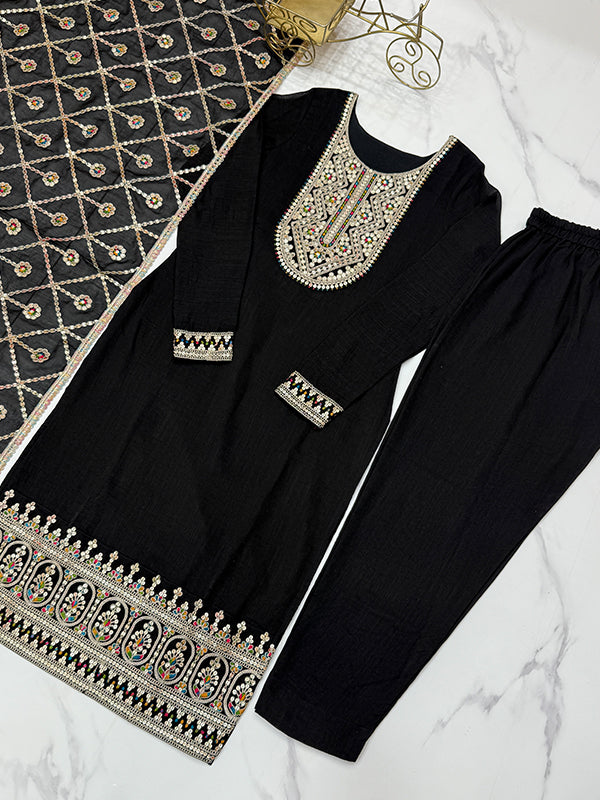 Black Silk Embroidered Straight Kurti With Pant & Dupatta Set