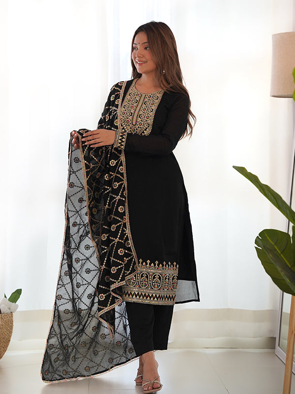 Black Silk Embroidered Straight Kurti With Pant & Dupatta Set