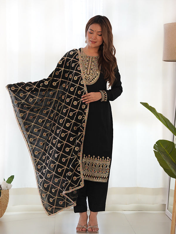 Black Silk Embroidered Straight Kurti With Pant & Dupatta Set