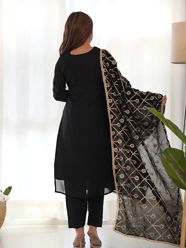 Black Silk Embroidered Straight Kurti With Pant & Dupatta Set