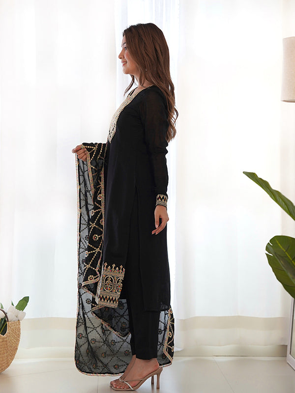 Black Silk Embroidered Straight Kurti With Pant & Dupatta Set