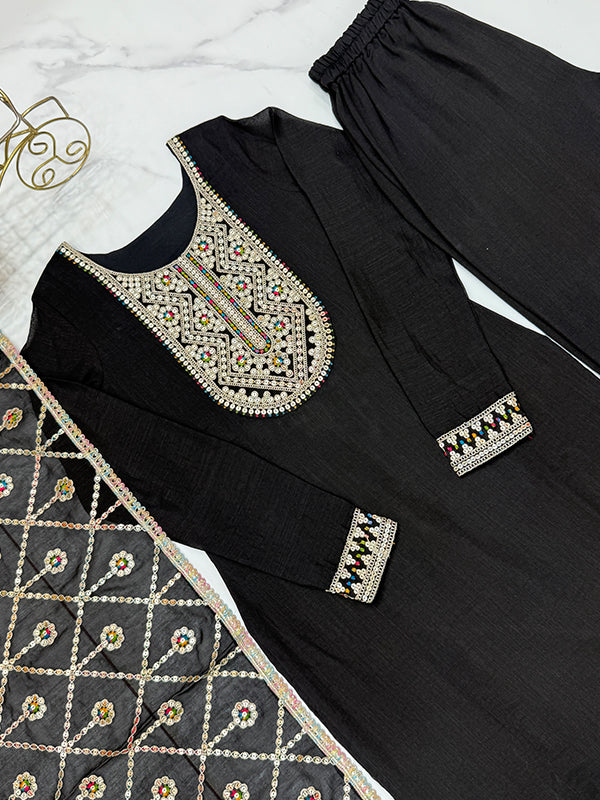 Black Silk Embroidered Straight Kurti With Pant & Dupatta Set