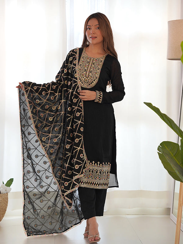 Black Silk Embroidered Straight Kurti With Pant & Dupatta Set