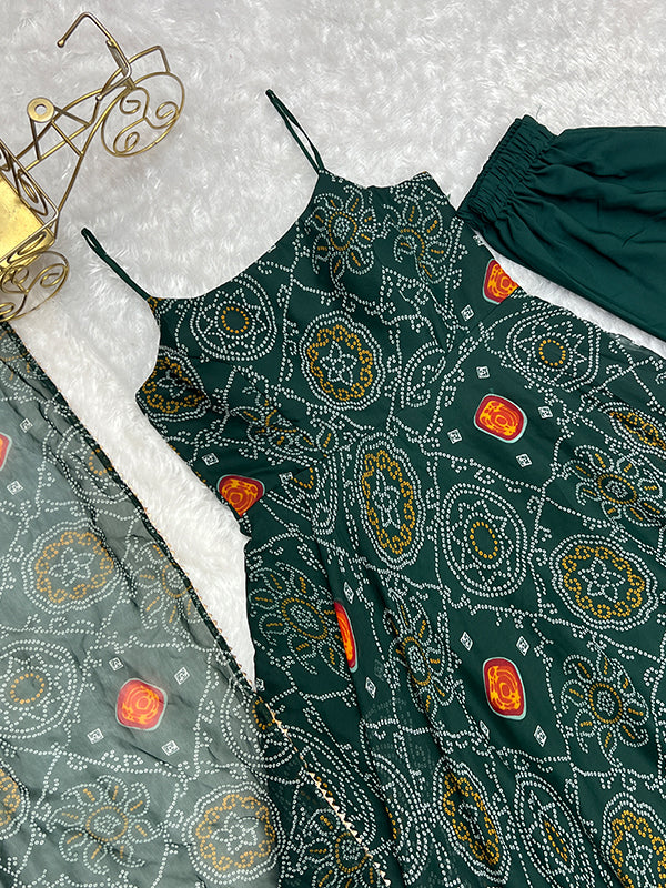 Bandhej Green Chiffon Printed Gown With Pant & Dupatta Set