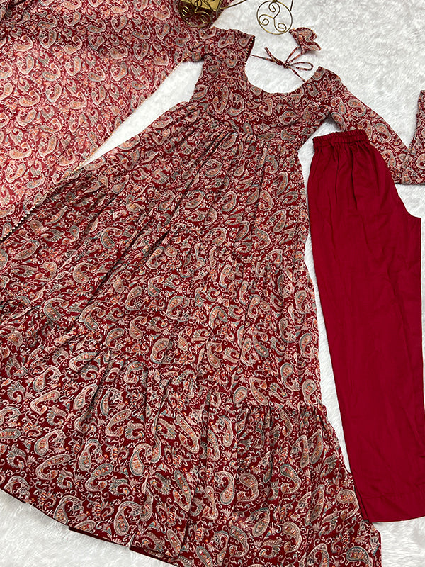 Layered Maroon Printed Anarkali Gown With Pant & Dupatta Set