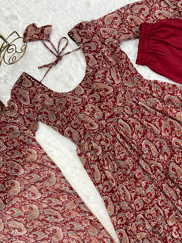 Layered Maroon Printed Anarkali Gown With Pant & Dupatta Set