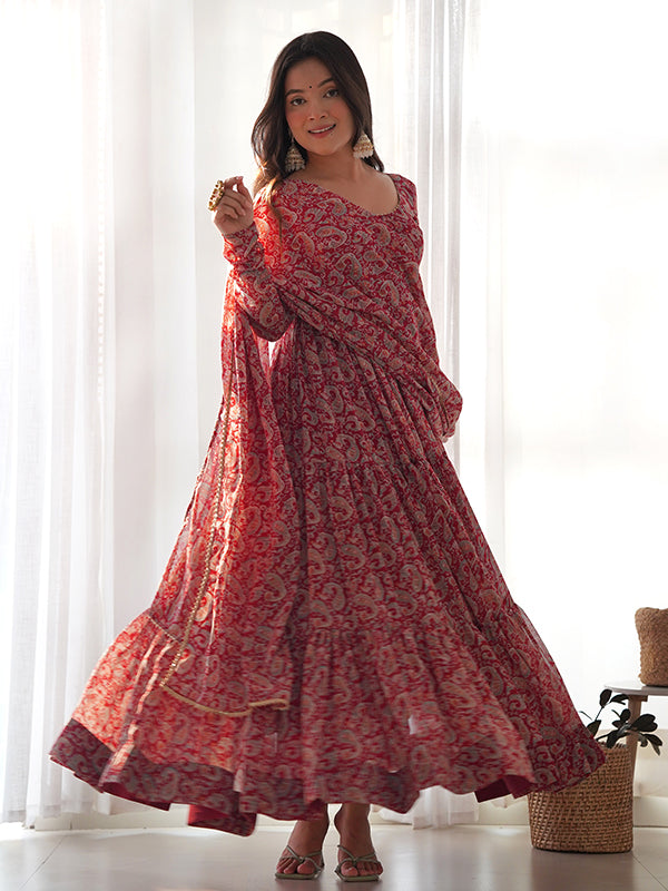 Layered Maroon Printed Anarkali Gown With Pant Dupatta Set