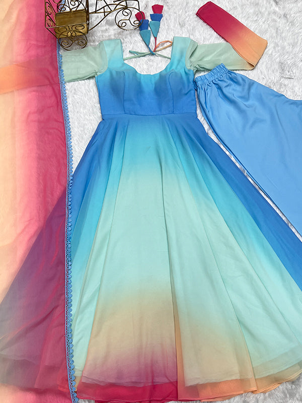 Sky Colored Organza Anarkali Gown With Pant & Dupatta Set