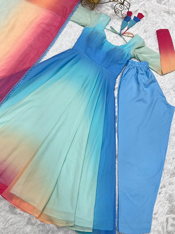 Sky Colored Organza Anarkali Gown With Pant & Dupatta Set