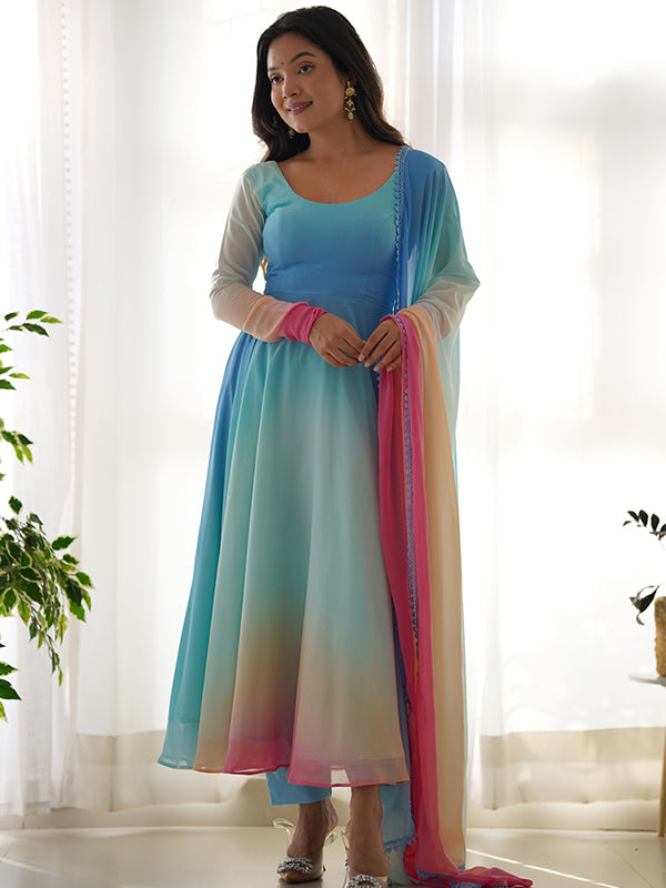 Sky Colored Organza Anarkali Gown With Pant & Dupatta Set