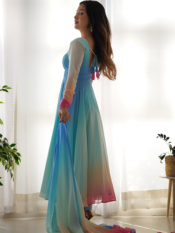 Sky Colored Organza Anarkali Gown With Pant & Dupatta Set