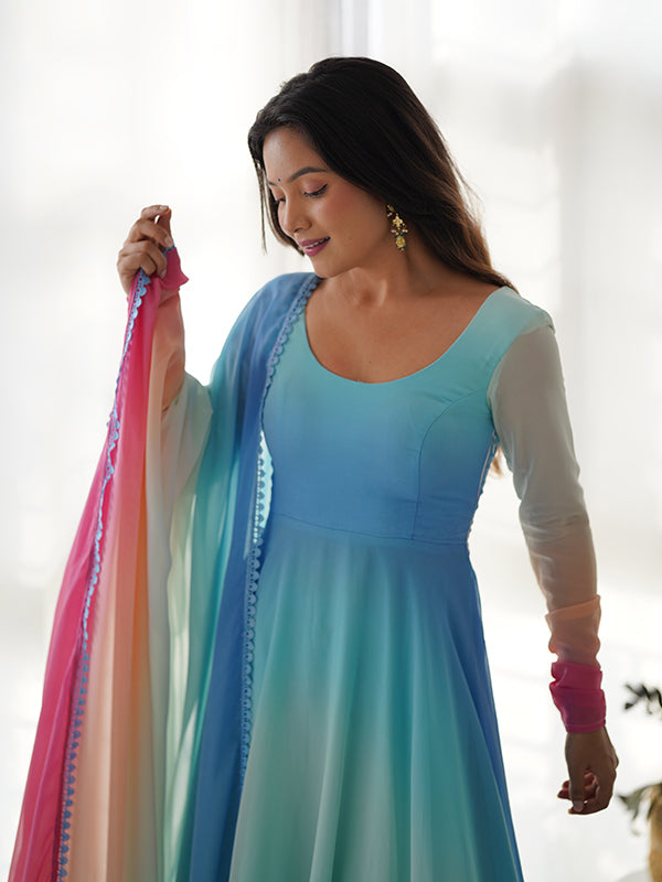 Sky Colored Organza Anarkali Gown With Pant & Dupatta Set