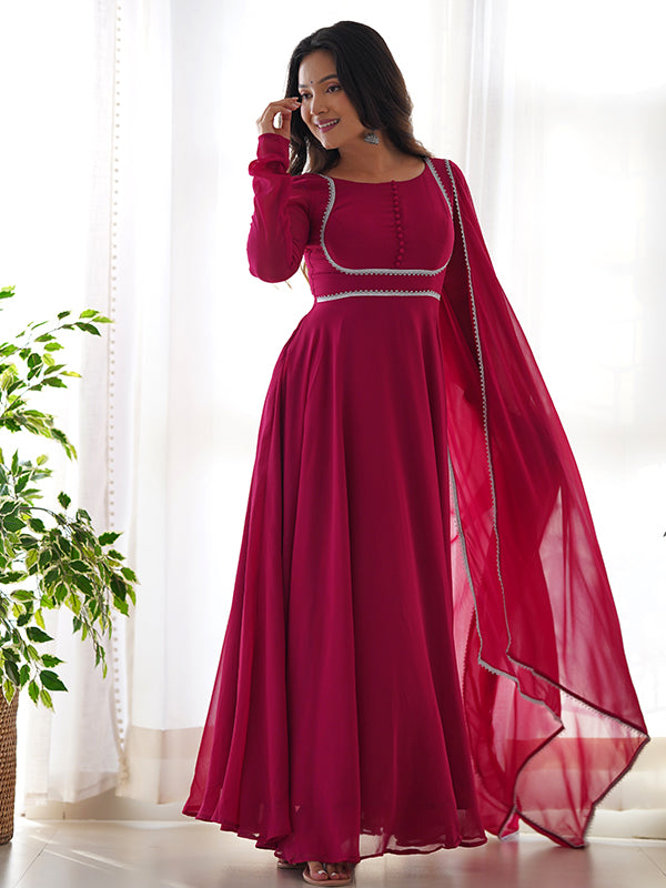 Hot Pink Georgette Anarkali Kurti With Pant Dupatta Set