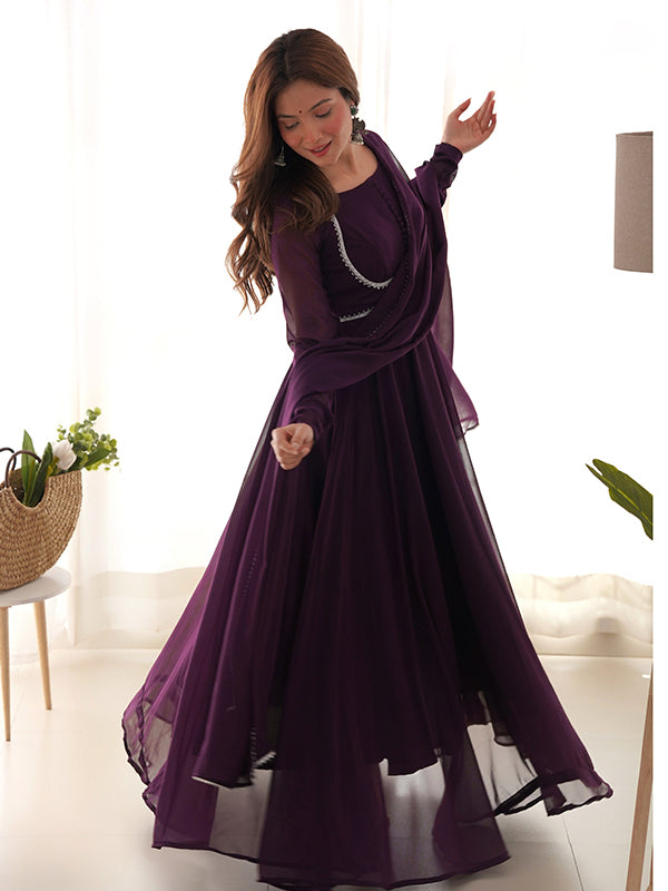 Wine Georgette Anarkali Kurti With Pant Dupatta Set