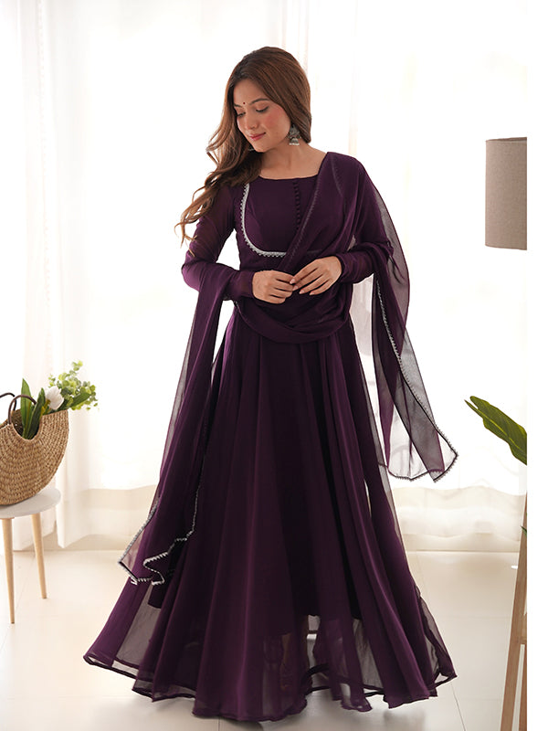 Wine Georgette Anarkali Kurti With Pant Dupatta Set