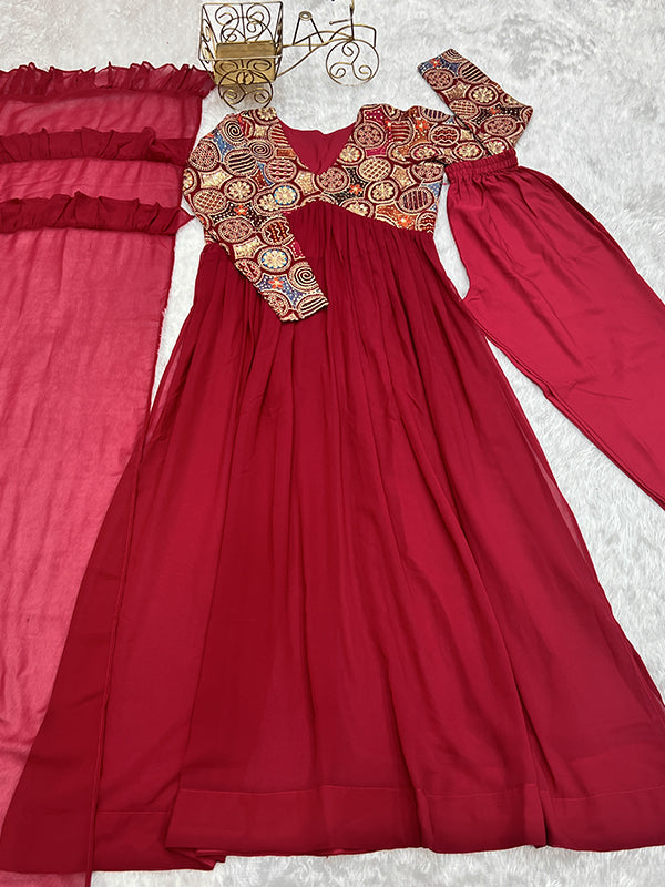 Red Designer Anarkali Gown With Pant & Dupatta Set